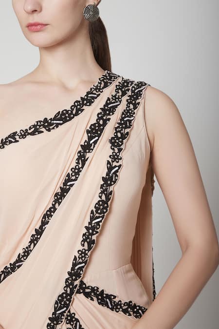 Buy_Jade By Ashima_Peach Silk Georgette V Neck Embroidered Pre-draped Sharara Pant Saree_Online_at_Aza_Fashions