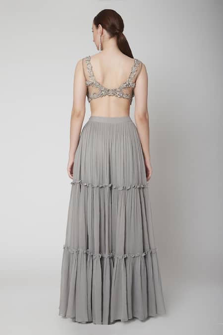 Shop_Jade By Ashima_Grey Net Embroidery Round Tiered Lehenga Set _at_Aza_Fashions
