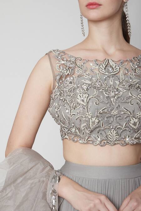 Jade By Ashima_Grey Net Embroidery Round Tiered Lehenga Set _Online_at_Aza_Fashions