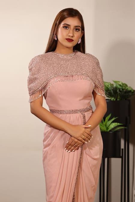 Jade By Ashima_Pink Silk, Georgette Round Embroidered Gown _Online_at_Aza_Fashions