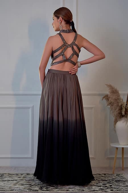 Shop_Jade By Ashima_Grey Georgette Cutdana, Sequin, Dabka And Resham Round Crop Top & Skirt Set _at_Aza_Fashions