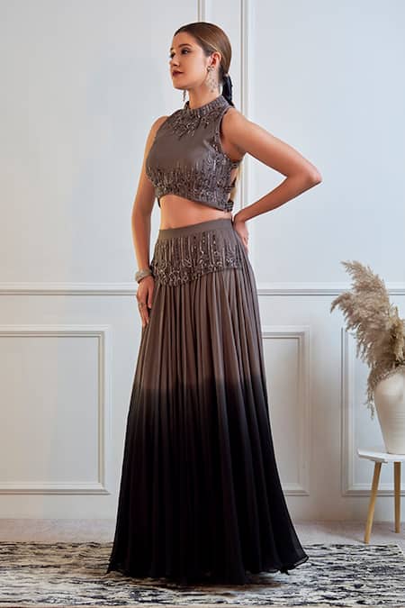 Jade By Ashima_Grey Georgette Cutdana, Sequin, Dabka And Resham Round Crop Top & Skirt Set _Online_at_Aza_Fashions
