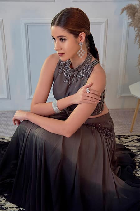 Buy_Jade By Ashima_Grey Georgette Cutdana, Sequin, Dabka And Resham Round Crop Top & Skirt Set _Online_at_Aza_Fashions