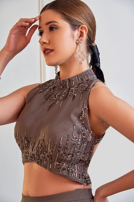 Shop_Jade By Ashima_Grey Georgette Cutdana, Sequin, Dabka And Resham Round Crop Top & Skirt Set _Online_at_Aza_Fashions