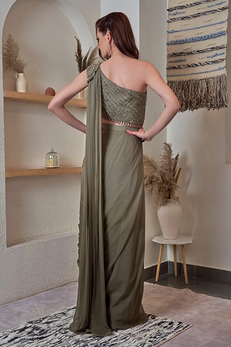 Shop_Jade By Ashima_Green Georgette Crystal, Sequin And Moti, Zari One Shoulder Saree Gown _at_Aza_Fashions