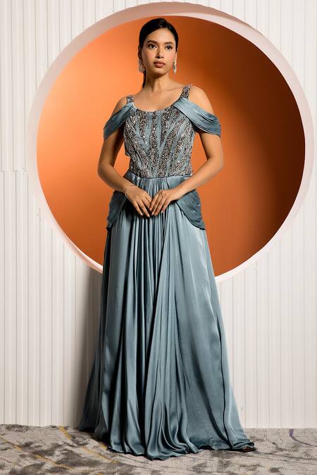Jade By Ashima_Blue Satin Geometric Round Viola Embellished Gown _Online_at_Aza_Fashions
