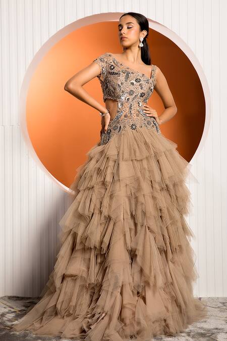 Jade By Ashima Brown Net, Dupion Floral, Sequin Asymmetric Rue Embellished Ruffle Gown Online at Aza Fashions Jade By Ashima_Brown Net, Dupion Floral, Sequin Asymmetric Rue Embellished Ruffle Gown _Online_at_Aza_Fashions