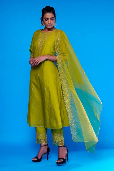 Asaga Green Kurta Chanderi Silk- 80% Cotton Embroidered Zehra A-line Set For Women