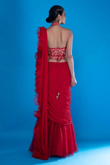 Shop_Asaga_Red Silk, Organza, Chiffon U Neck Fazli Lehenga Saree With Blouse _at_Aza_Fashions