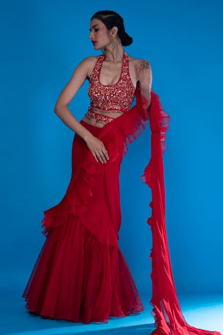 Asaga_Red Silk, Organza, Chiffon U Neck Fazli Lehenga Saree With Blouse _Online_at_Aza_Fashions