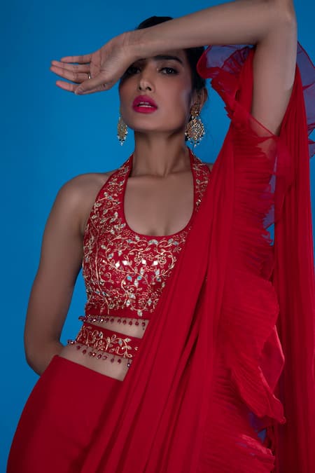 Buy_Asaga_Red Silk, Organza, Chiffon U Neck Fazli Lehenga Saree With Blouse _Online_at_Aza_Fashions