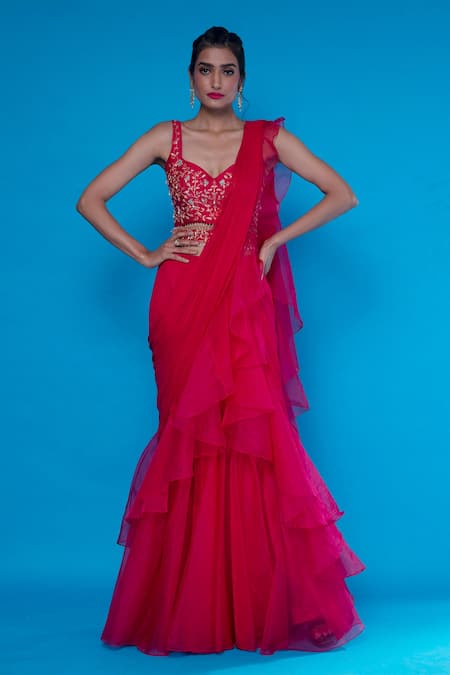 Asaga_Pink Silk, Organza, Chiffon U Neck Shirani Lehenga Saree With Blouse _Online_at_Aza_Fashions