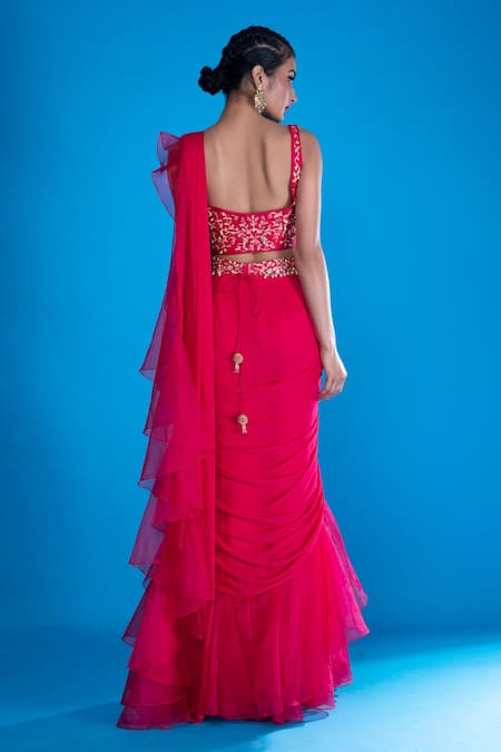 Shop_Asaga_Pink Silk, Organza, Chiffon U Neck Shirani Lehenga Saree With Blouse _at_Aza_Fashions