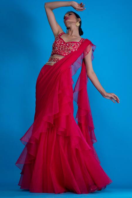Buy_Asaga_Pink Silk, Organza, Chiffon U Neck Shirani Lehenga Saree With Blouse _Online_at_Aza_Fashions