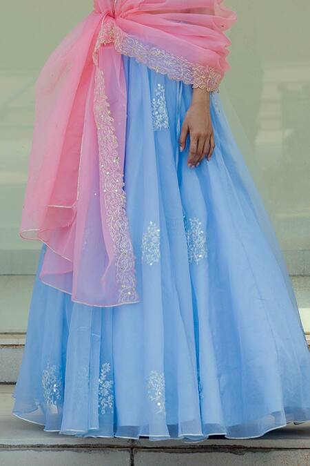 Asaga Blue Lehenga And Dupatta Organza Blouse Silk Floral Motif Nida Embroidered Set Online at Aza Fashions Asaga_Blue Lehenga And Dupatta Organza Blouse Silk Floral Motif Nida Embroidered Set _Online_at_Aza_Fashions