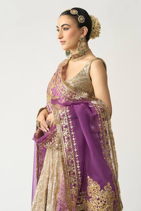 Shop_Itrh_Gold Silk Organza, Lampi, Lining Dhoop Chao Sona Chandi Bridal Lehenga Set _Online_at_Aza_Fashions