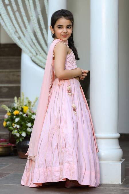 Littleens_Peach Velvet, Satin, Chiffon Tassels, Embroidery Khwabeeda Lehenga Set _Online_at_Aza_Fashions