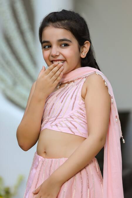 Buy_Littleens_Peach Velvet, Satin, Chiffon Tassels, Embroidery Khwabeeda Lehenga Set _Online_at_Aza_Fashions