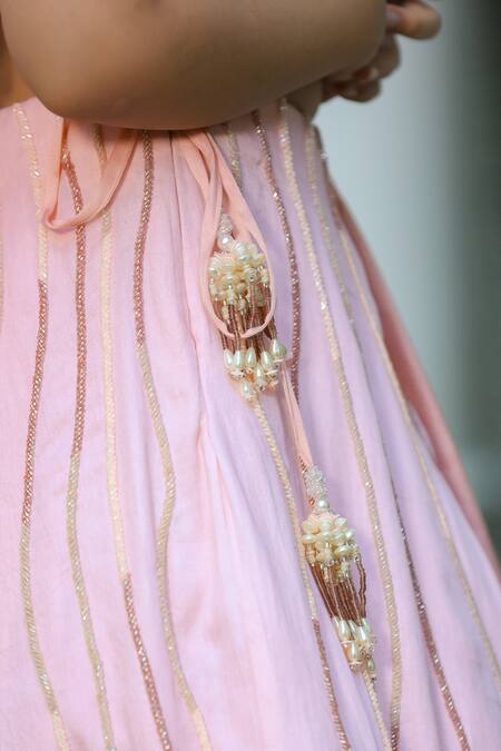 Shop_Littleens_Peach Velvet, Satin, Chiffon Tassels, Embroidery Khwabeeda Lehenga Set _Online_at_Aza_Fashions