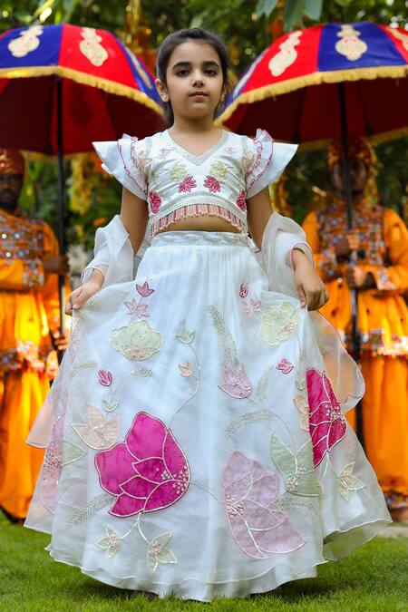 Buy_Littleens_Blue Silk Organza, Cotton Sequins, Tassels, Aafreen Embellished Lehenga Set _Online_at_Aza_Fashions