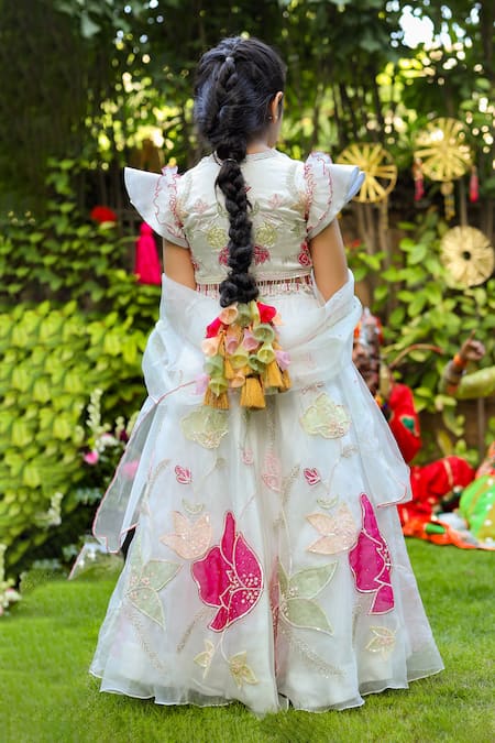 Shop_Littleens_Blue Silk Organza, Cotton Sequins, Tassels, Aafreen Embellished Lehenga Set _at_Aza_Fashions