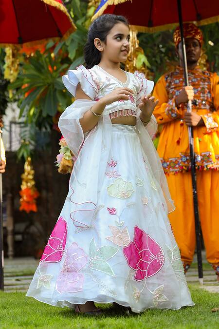 Littleens_Blue Silk Organza, Cotton Sequins, Tassels, Aafreen Embellished Lehenga Set _Online_at_Aza_Fashions