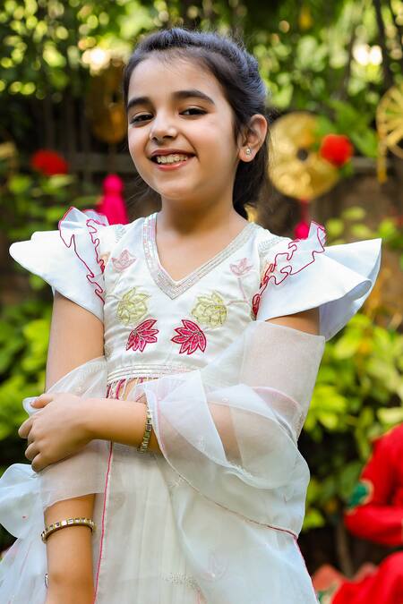 Shop_Littleens_Blue Silk Organza, Cotton Sequins, Tassels, Aafreen Embellished Lehenga Set _Online_at_Aza_Fashions