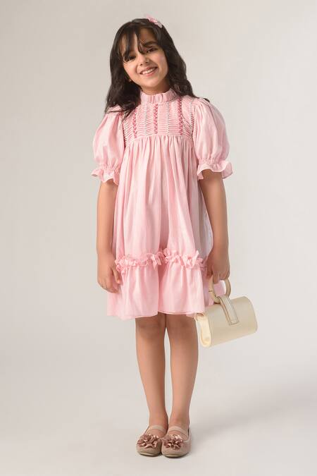 Littleens Pink Cotton Embroidery Organic Dress Online at Aza Fashions Littleens_Pink Cotton Embroidery Organic Dress _Online_at_Aza_Fashions