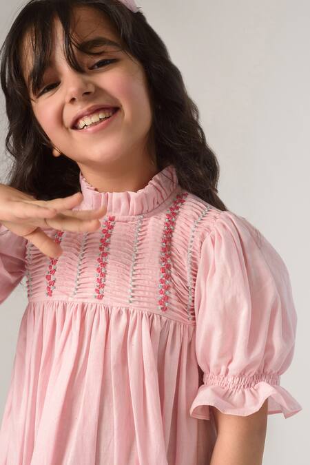 Buy Littleens Pink Cotton Embroidery Organic Dress Online at Aza Fashions Buy_Littleens_Pink Cotton Embroidery Organic Dress _Online_at_Aza_Fashions