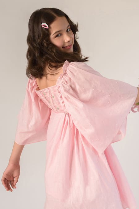 Shop Littleens Pink Cotton Embroidery Organic Dress at Aza Fashions Shop_Littleens_Pink Cotton Embroidery Organic Dress _at_Aza_Fashions