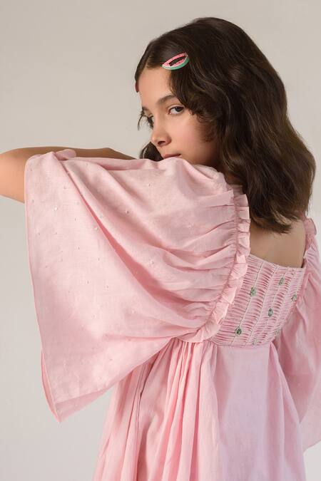 Shop Littleens Pink Cotton Embroidery Organic Dress Online at Aza Fashions Shop_Littleens_Pink Cotton Embroidery Organic Dress _Online_at_Aza_Fashions