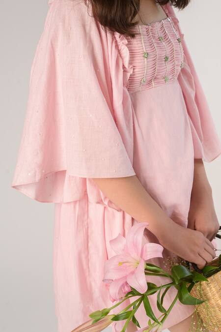 Littleens Pink Cotton Embroidery Organic Dress at Aza Fashions Littleens_Pink Cotton Embroidery Organic Dress _at_Aza_Fashions