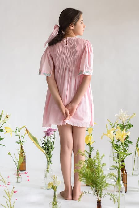 Shop Littleens Pink Cotton Embroidery Organic Dress at Aza Fashions Shop_Littleens_Pink Cotton Embroidery Organic Dress _at_Aza_Fashions
