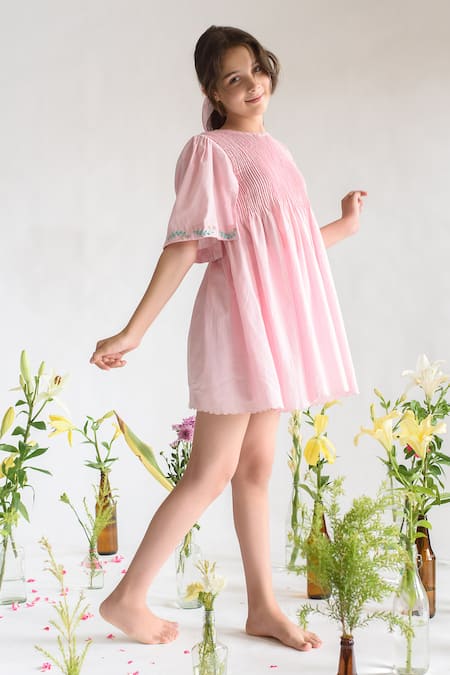 Littleens Pink Cotton Embroidery Organic Dress Online at Aza Fashions Littleens_Pink Cotton Embroidery Organic Dress _Online_at_Aza_Fashions