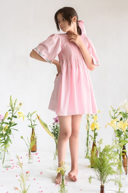 Buy Littleens Pink Cotton Embroidery Organic Dress Online at Aza Fashions Buy_Littleens_Pink Cotton Embroidery Organic Dress _Online_at_Aza_Fashions