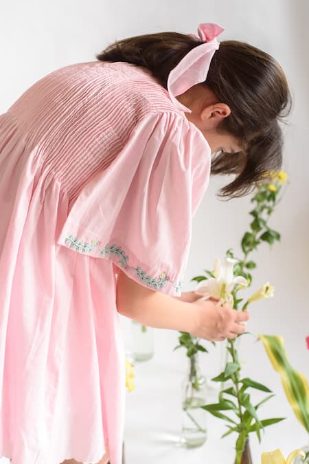 Shop Littleens Pink Cotton Embroidery Organic Dress Online at Aza Fashions Shop_Littleens_Pink Cotton Embroidery Organic Dress _Online_at_Aza_Fashions