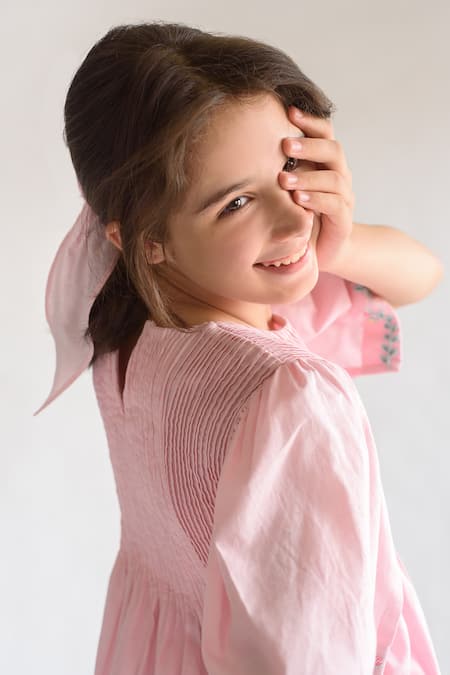 Littleens Pink Cotton Embroidery Organic Dress at Aza Fashions Littleens_Pink Cotton Embroidery Organic Dress _at_Aza_Fashions