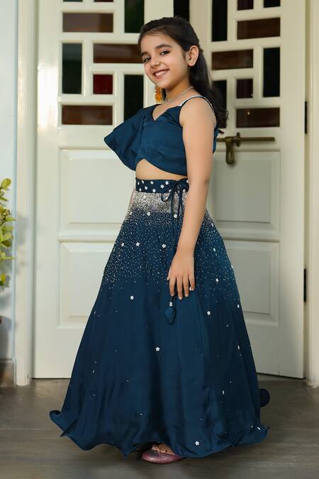 Buy_Littleens_Blue Silk, Cotton, Satin Cut Work, Mahtab Embellished Lehenga With Ruffle Top _Online_at_Aza_Fashions