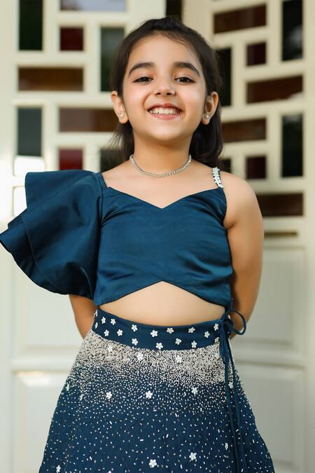 Shop_Littleens_Blue Silk, Cotton, Satin Cut Work, Mahtab Embellished Lehenga With Ruffle Top _Online_at_Aza_Fashions