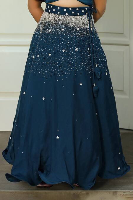 Littleens_Blue Silk, Cotton, Satin Cut Work, Mahtab Embellished Lehenga With Ruffle Top _at_Aza_Fashions