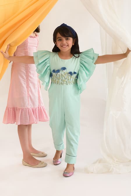 Littleens Blue Cotton Embroidery Organic Jumpsuit 