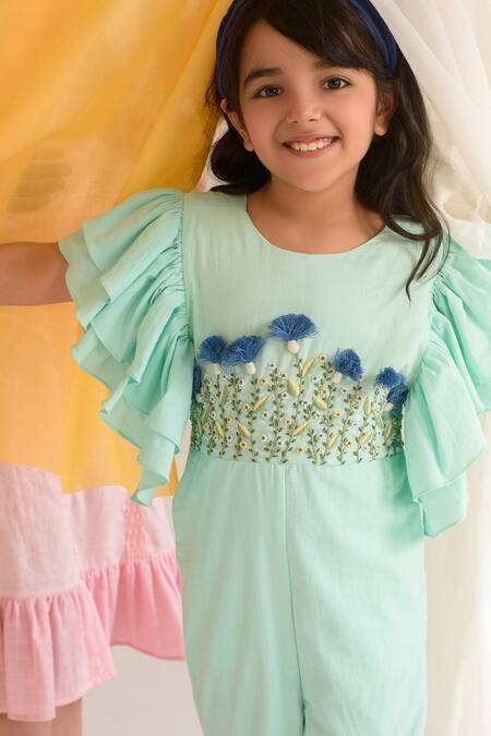 Shop Littleens Blue Cotton Embroidery Organic Jumpsuit Online at Aza Fashions Shop_Littleens_Blue Cotton Embroidery Organic Jumpsuit _Online_at_Aza_Fashions