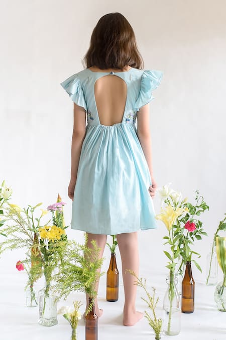 Shop Littleens Blue Cotton Embroidery Organic Dress at Aza Fashions Shop_Littleens_Blue Cotton Embroidery Organic Dress _at_Aza_Fashions