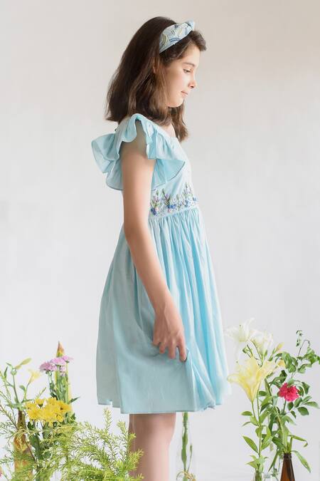 Littleens Blue Cotton Embroidery Organic Dress Online at Aza Fashions Littleens_Blue Cotton Embroidery Organic Dress _Online_at_Aza_Fashions