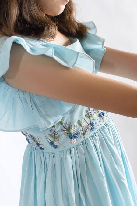 Shop Littleens Blue Cotton Embroidery Organic Dress Online at Aza Fashions Shop_Littleens_Blue Cotton Embroidery Organic Dress _Online_at_Aza_Fashions