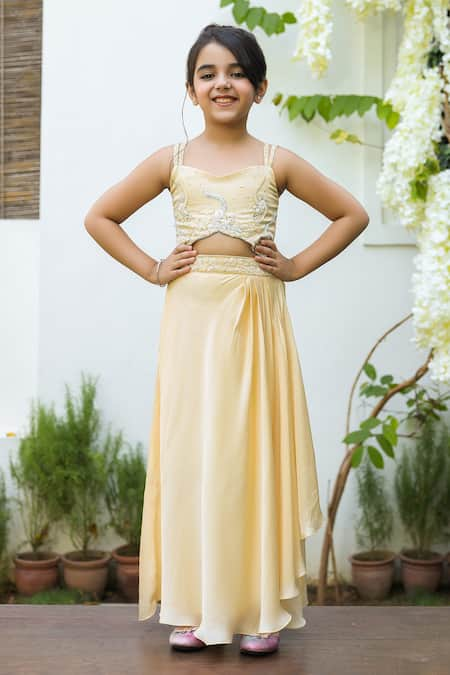 LITTLEENS Yellow German Satin Khursheed Embroidered Gown  