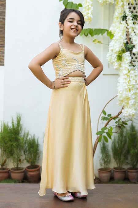 Littleens_Yellow Satin Embroidery Khursheed Gown _Online_at_Aza_Fashions