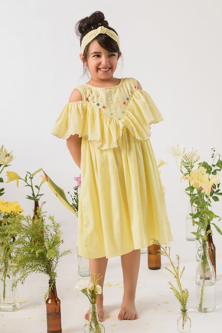 Littleens Yellow Handloom , Embroidery Organic Cold Shoulder Dress 