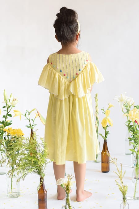 Shop Littleens Yellow Handloom , Embroidery Organic Cold Shoulder Dress at Aza Fashions Shop_Littleens_Yellow Handloom , Embroidery Organic Cold Shoulder Dress _at_Aza_Fashions