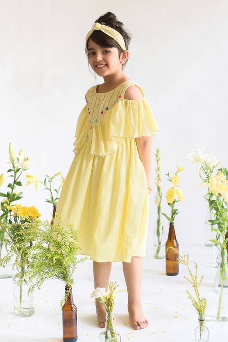 Littleens Yellow Handloom , Embroidery Organic Cold Shoulder Dress Online at Aza Fashions Littleens_Yellow Handloom , Embroidery Organic Cold Shoulder Dress _Online_at_Aza_Fashions